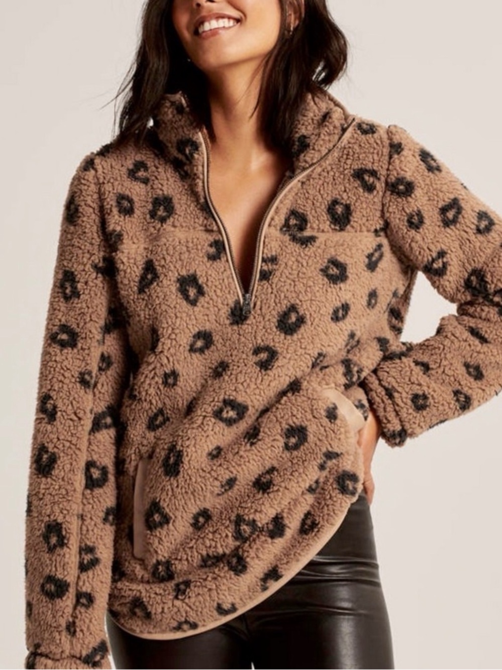 Abercrombie & Fitch Leopard Sherpa Half-Zip Jacket - Tan & Black